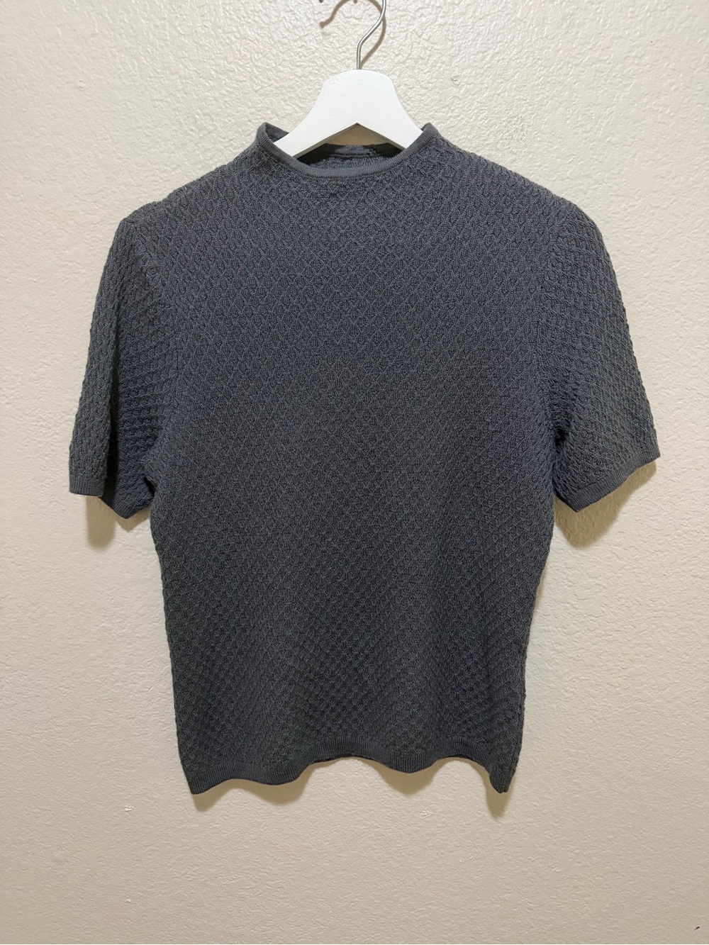 Pendleton 100% Merino Wool Short Sleeve Sweater Gray Medium Diamond Knit
